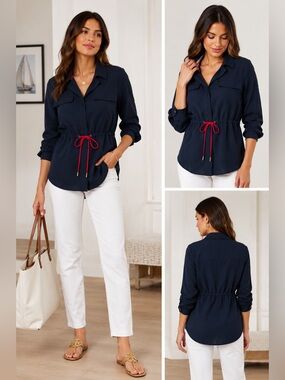 Tommy Hilfiger Navy Utility Blouse Red Drawstring Accent Relaxed Button Front